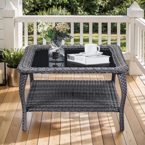 Gray Square Wicker Outdoor Coffee Table with Black Tempered Glass Top and Storage Space