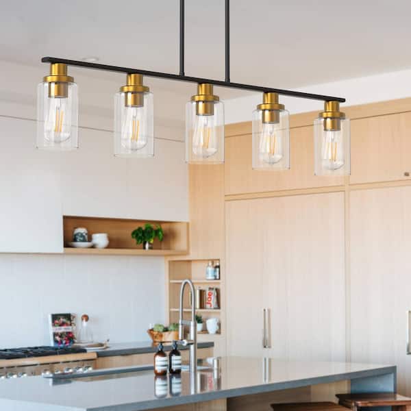YANSUN 5-Light Black and Gold Farmhouse Kitchen Island Pendant Lighting with Clear Glass Shade, Hanging Light for Dining Room