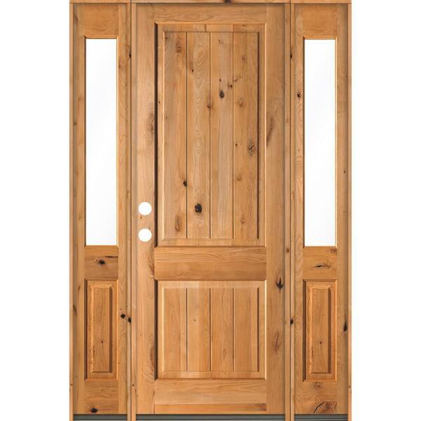 Krosswood Doors 64 in. x 96 in. Rustic Knotty Alder Square Clear Stain Wood V-Groove Right Hand Single Prehung Front Door/Half Sidelites