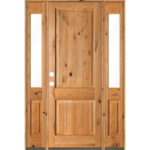 Krosswood Doors 70 in. x 96 in. Rustic Knotty Alder Square Clear Stain Wood V-Groove Right Hand Single Prehung Front Door/Half Sidelites