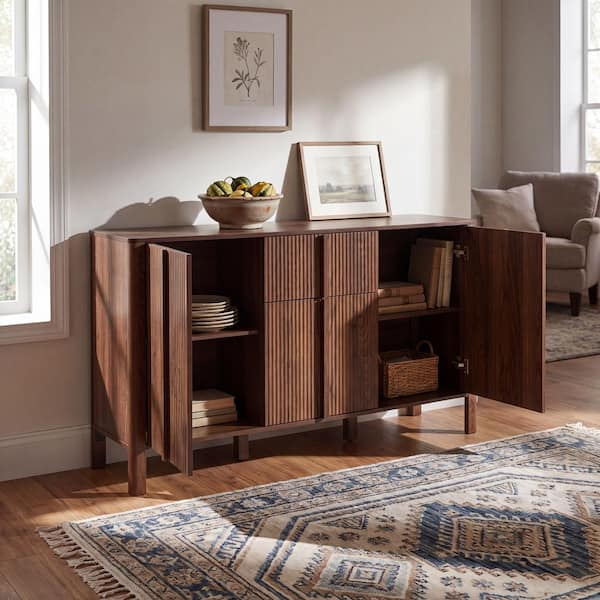 Christopher Knight Home 59 inch Modern Fluted Sideboard Storage Cabinet with 3 Doors and Drawer, Walnut