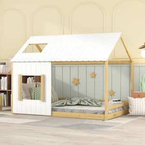 White and Natural Full Size Wooden House Bed with Roof and Windows