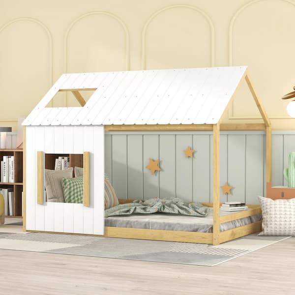 Harper & Bright Designs White and Natural Full Size Wooden House Bed with Roof and Windows