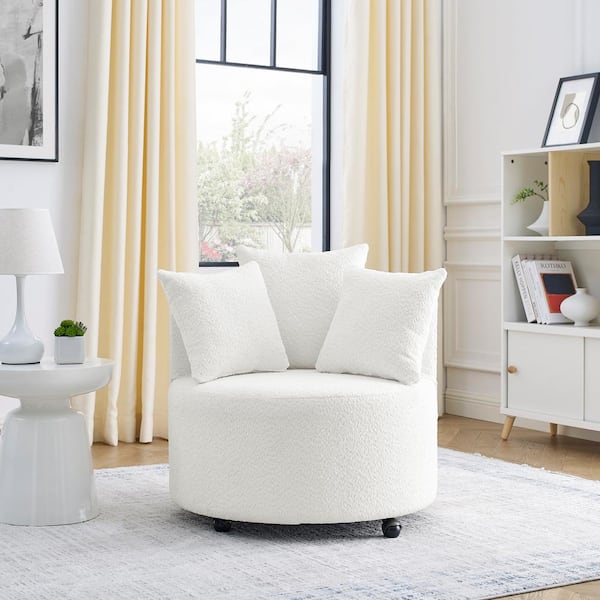 Unbranded Beige Velvet Upholstered Accent Swivel Chair Barrel Living Room Sofa Chair with Movable Wheels and 3-Pillows
