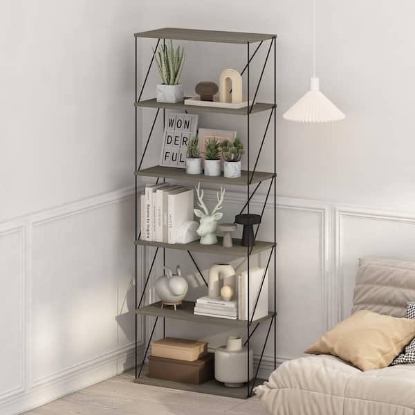 Furinno Rata 64.72 in. Tall French Oak Grey Wood 6-shelf Flat Base Bookcase with Metal Frame