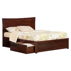 Metro Walnut Queen Solid Wood Storage Platform Bed with Flat Panel Foot Board and 2 Bed Drawers