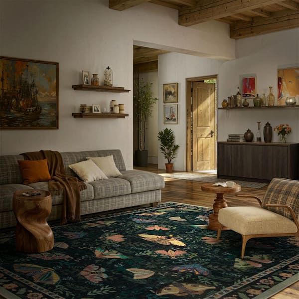 Animal & Insect Floral Print Machine Washable Non Slip Backing Green 5 ft. x 7 ft. Living Room/Bedroom Area Rug