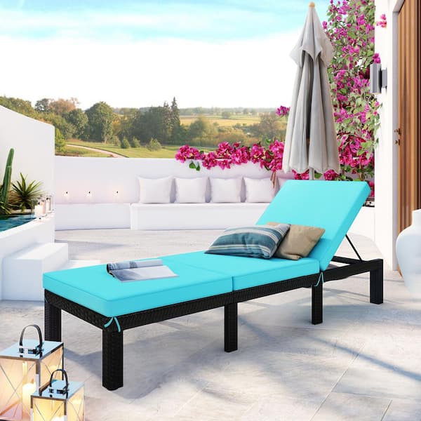 Unbranded Adjustable Back PE Rattan Wicker Chaise Lounge Chair, Outdoor Patio Recliner, Sunbed with Removable Blue Cushions