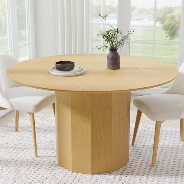 Cylindrical Oak Natural Colored Wood 52 in. Column Base Under Beveled Cut Edge Dining Table for 6