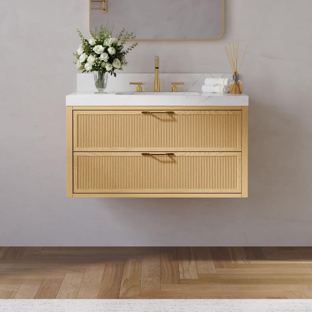 IENA - MIY ANGELES HOME 36 in. Floating Solid Wood Oak Bath Vanity with