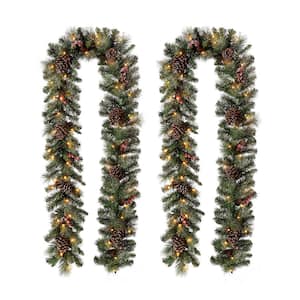 9 ft. L Pre-Lit Glittered Pine Cone Artificial Christmas Garland with Warm White LED Light (2-Pack)