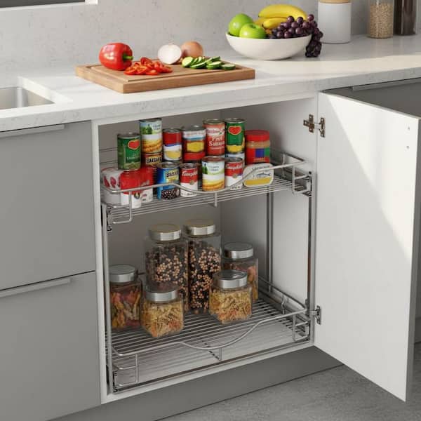 Chrome Steel 2 Tier Pull Out Cabinet Organizer Wire Basket Slide Out Shelf for Kitchen Pantry Bathroom 1 Piece