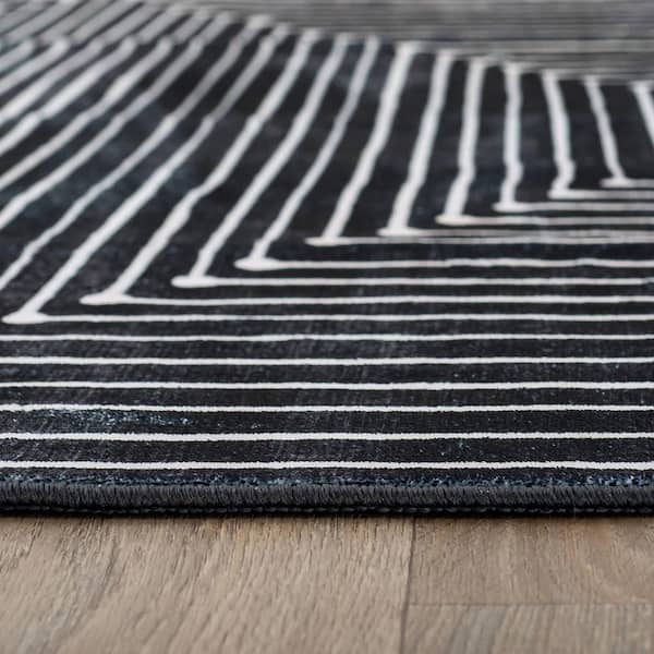 Bohemian Stripes Washable Non Slip Black 9 ft. x 12 ft. Area Rug