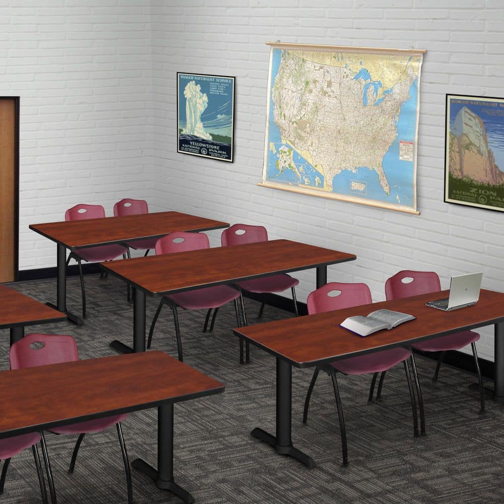 Cain 72 in. x 24 in. Cherry T-Base Training Seminar Table Desk and 2-M Stack Chairs-Burgundy