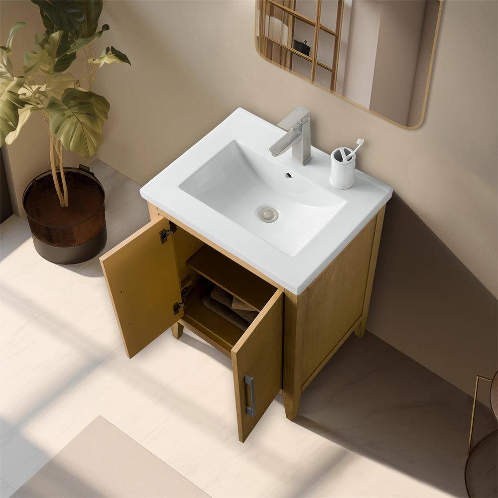 Natural Oak Single Sink Bathroom Vanity with Ceramic Top