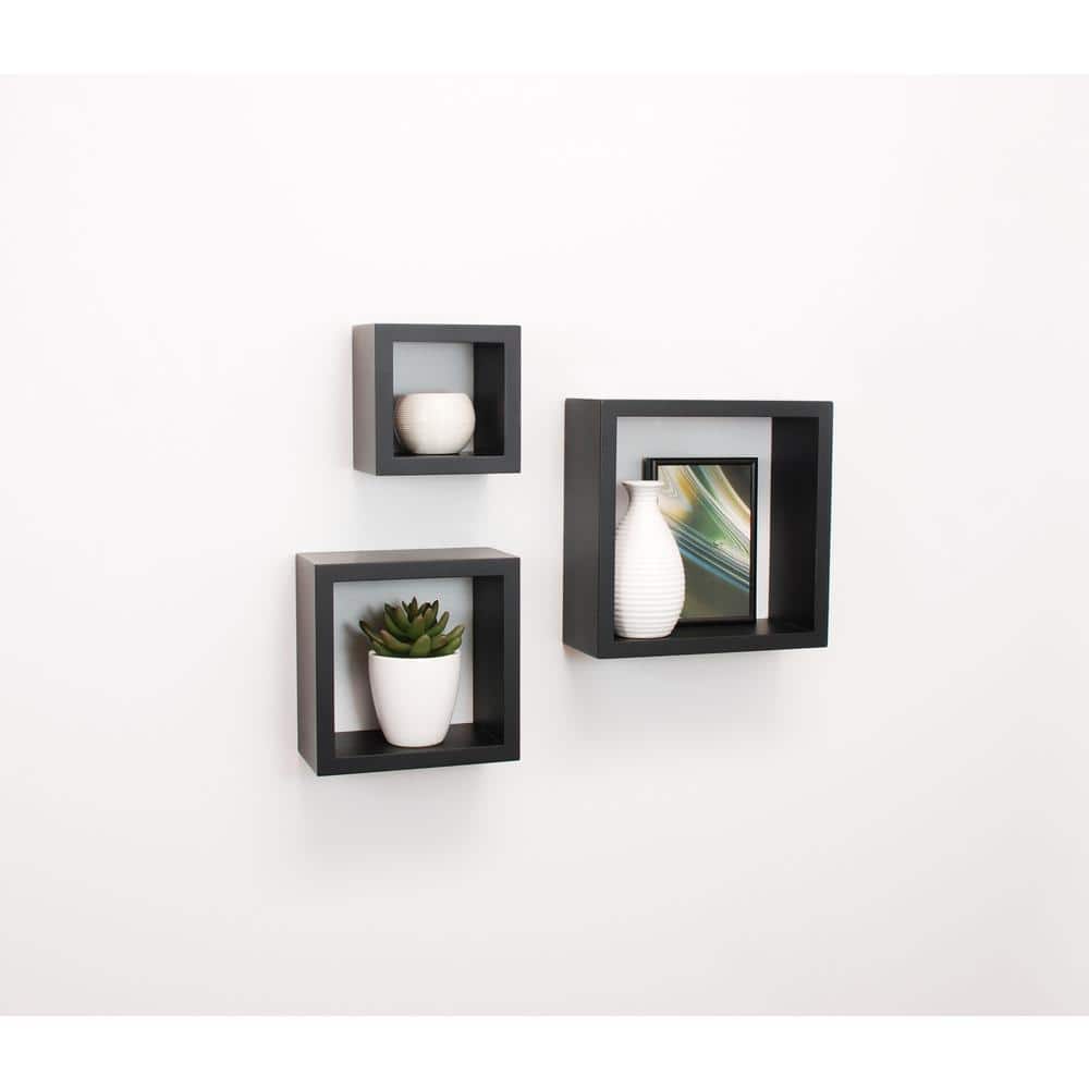 Sleek Black Floating Cube Wall Shelves, Set of 3