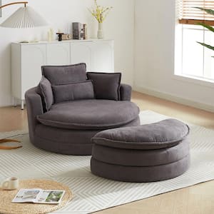 52 in. 2 Piece Swivel Accent Barrel Modern Grey Chenille Sofa Lounge Living Room Set with Storage Ottoman with Pillows