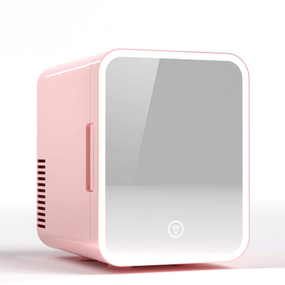 8 in. 0.18 cu. ft. Mini Refrigerator in Pink with Mirror, Portable Cooler and Warmer, for Skin Care/Cosmetics/Beverage