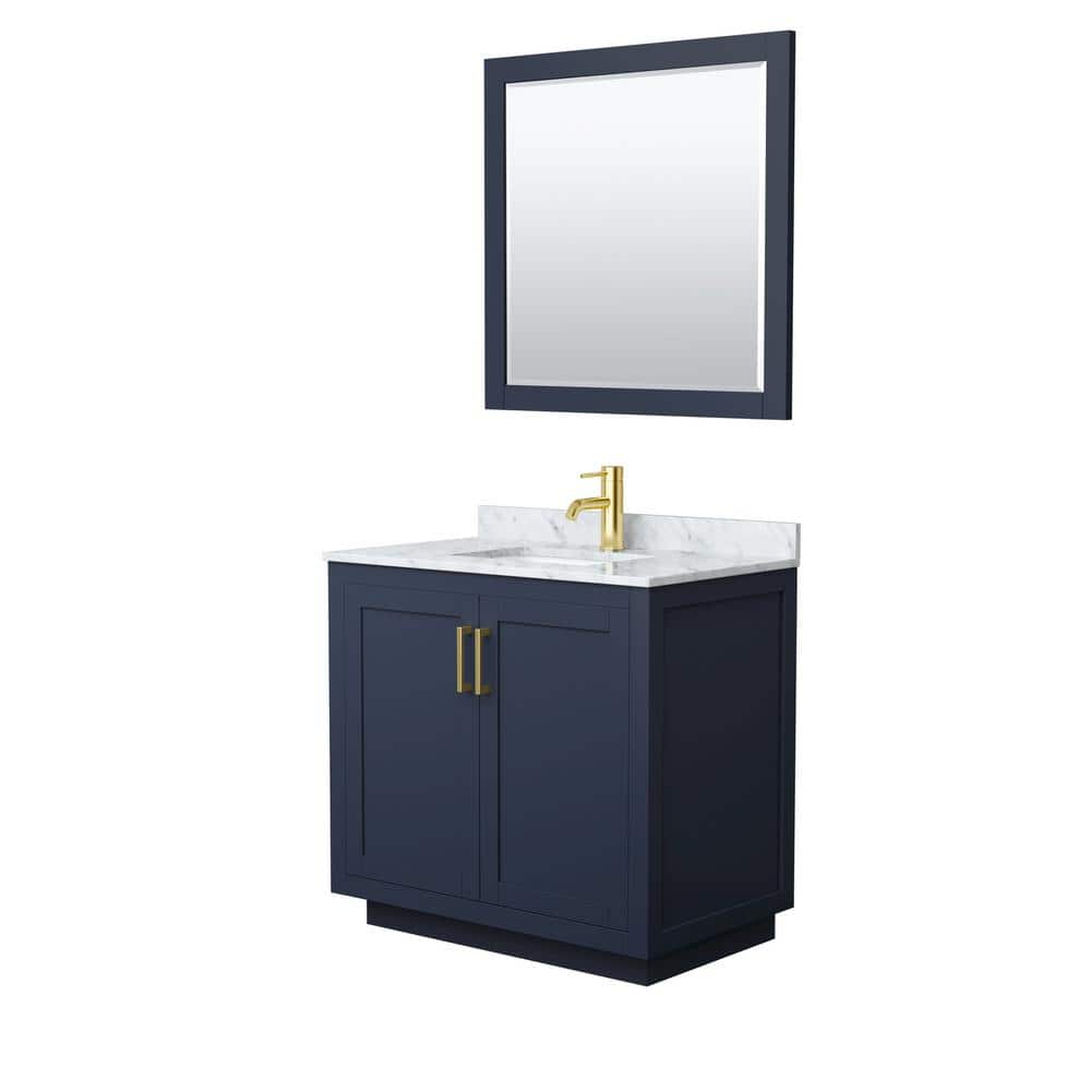Miranda 36" Dark Blue Single Bathroom Vanity with White Carrara Marble Top and Brushed Gold Trim