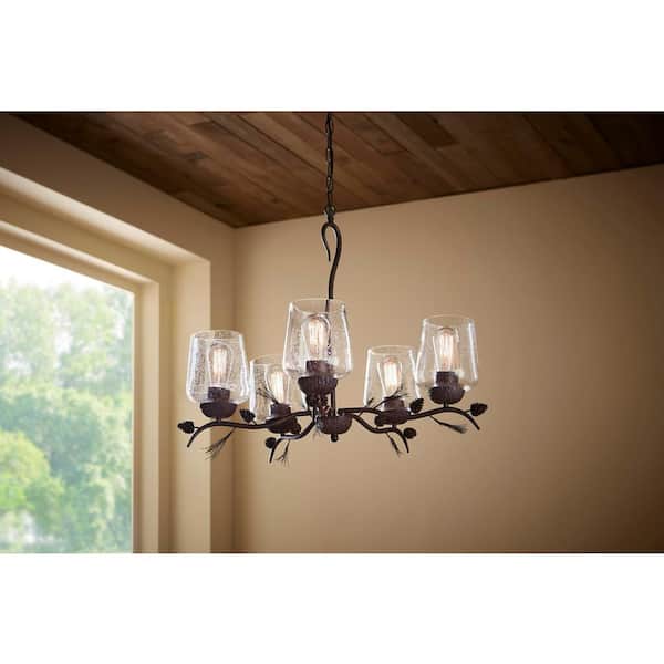 Hampton Bay Spruce Lodge 5-Light Handmade Finish Pinecone Chandelier with Cear Seeded Glass Shade