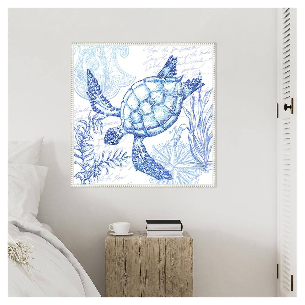 Coastal Sketchbook Turtle Blue and White Canvas Print with Floater Frame