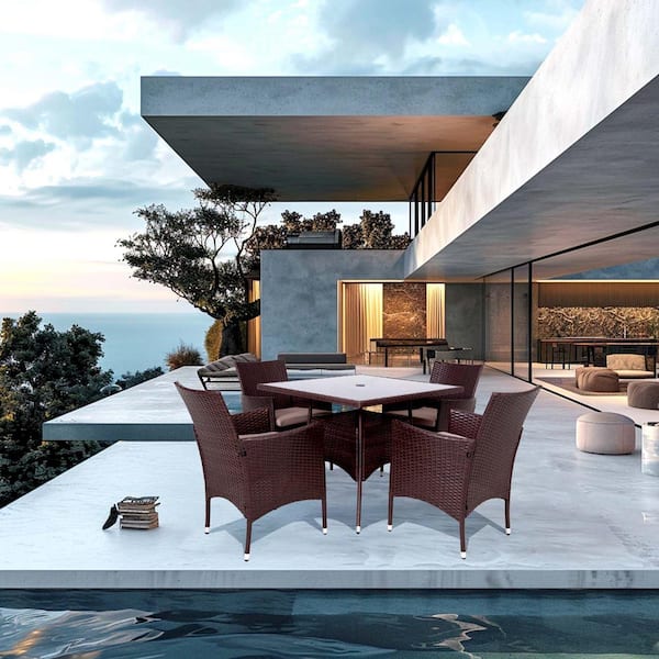 Zeus & Ruta 5-Piece Brown Wicker Outdoor Dining Set with Khaki Cushion, Square Table with Umbrella Cutout