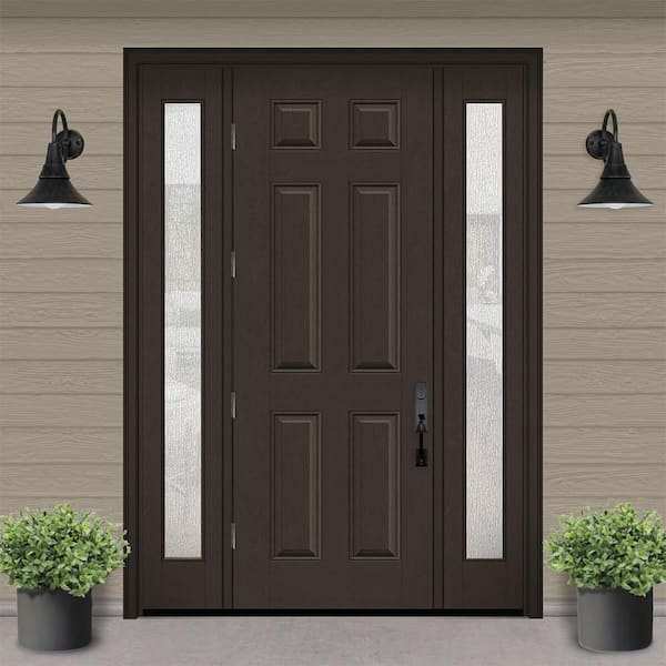 Regency 68 in. x 96 in. 6 Panel RHOS Hickory Stain Mahogany Fiberglass Prehung Front Door w/Rain14in. SLs 4-9/16