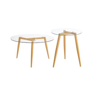 Van Beuren 21.75 in. x 19.75 in. Beech Round MDF Glass Side Table and Coffee Table Set with Metal Taper Legs