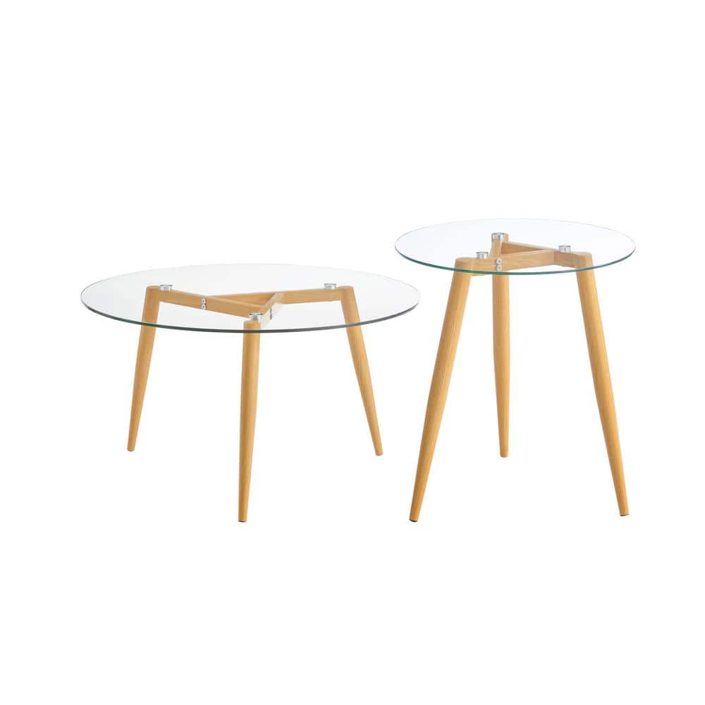 Van Beuren Beech and Clear Glass Round Coffee and Side Table Set