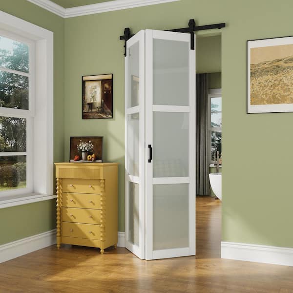 40 in. x 84 in. 3-Lite Tempered Frosted Glass White Finished Glass Bi-Fold Sliding Barn Door with Hardware Kit