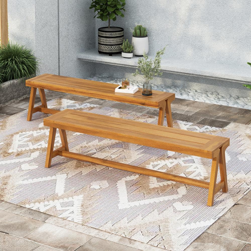 Brown Acacia Wood LINDSEY Outdoor Dining Bench Set of 2