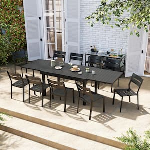 Black 11-Piece Aluminum Outdoor Dining Set with Expandable Rectangle 106 in. Table and Stackable Chairs for 10-Person