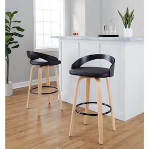 Grotto 29.5 in. Black Faux Leather, Natural and Black Wood and Black Metal Fixed-Height Bar Stool (Set of 2)