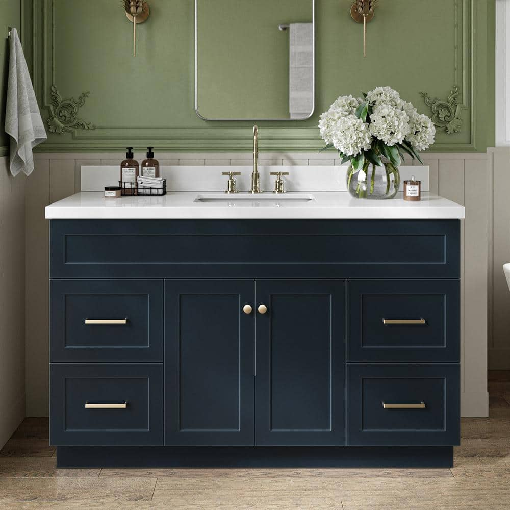 Hamlet 55 in. W x 22 in. D x 36 in. H Freestanding Bath Vanity in Midnight Blue with White Marble Top -  ARIEL, F055SWQRVOMNB