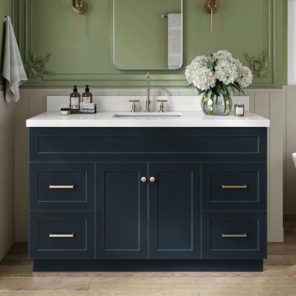 ARIEL Hamlet 55 in. W x 22 in. D x 36 in. H Freestanding Bath Vanity in Midnight Blue with White Marble Top