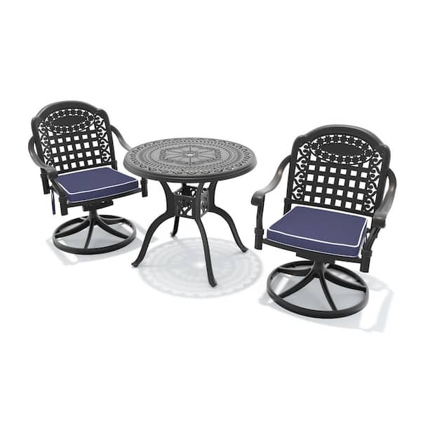 3-Piece Black Cast Aluminum Patio Outdoor Dining Set with Round Table and 2 Swivel Chairs with Blue Cushions