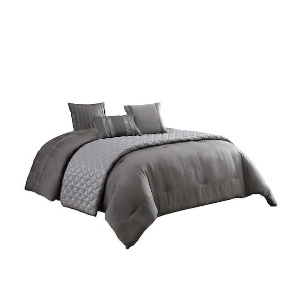 Benjara 10-Piece Gray Geometric Polyester Queen Comforter Set