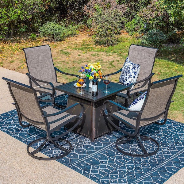 PHI VILLA Black 5-Piece Metal Patio Fire Pit Set with Textilene Swivel Chairs