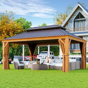 16 ft. x 12 ft. Wood Grain Double Galvanized Steel Roof Hardtop Gazabo with Ceiling Hook, Curtains and Netting
