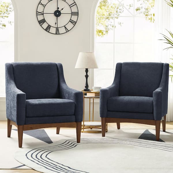 Gerard Navy Armchair with Solid Wood Legs (Set of 2)