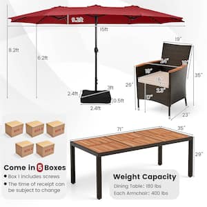 Brown 11-Piece Metal Rectangle 29 in. Outdoor Dining Set with 15 ft. Wine Double-Sided Patio Umbrella in Beige Cushion