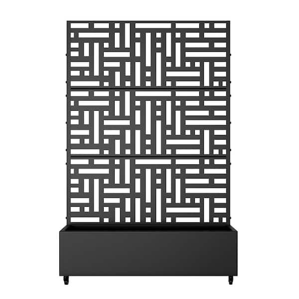 72 in. H x 47 in. W Rectanglar Black Outdoor Metal Privacy Screen Planter Box Wall Decor in Street Pattern