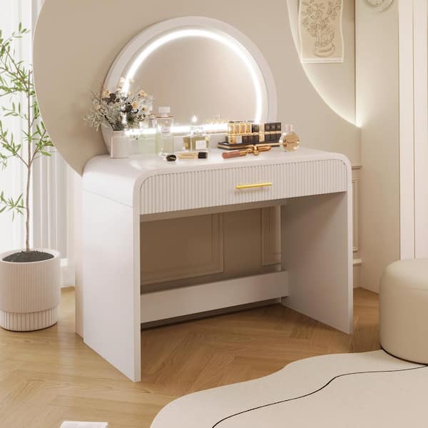 Harper & Bright Designs Modern 39 in. White Makeup Vanity Table with Touch Screen Lighted Mirror and Drawer