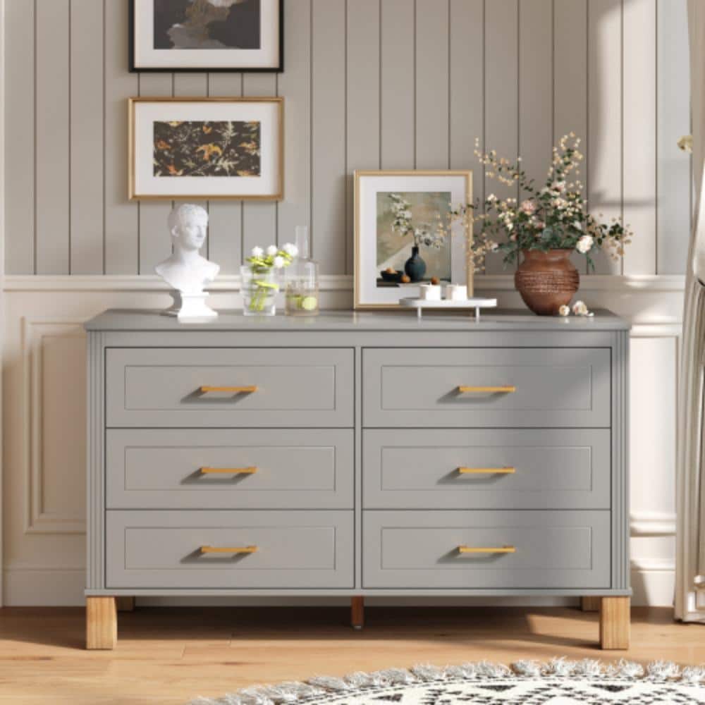 47" 6-Drawer Double Dresser – Gray, Metal Handles, Solid Wood Legs, Mid-Century