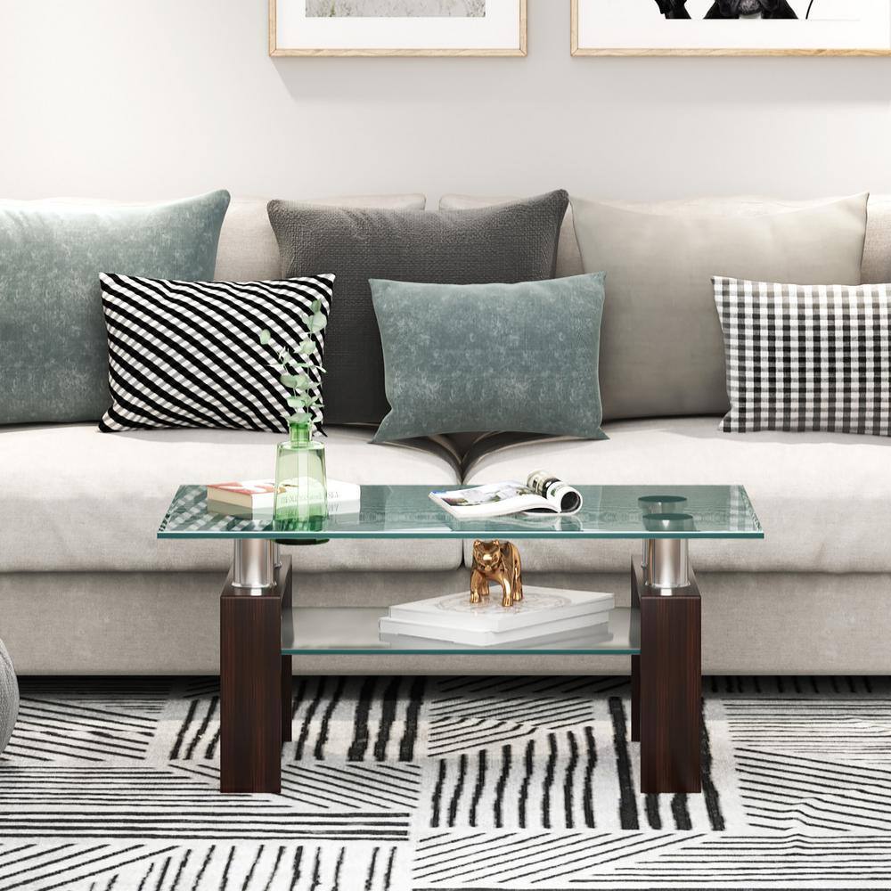 Rectangular Coffee Glass and Metal Coffee Table with Shelf