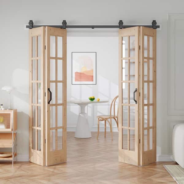 72 in. x 84 in. 1 Lite Pre Assembled Clear Glass Solid Core Wood Brown Bi-Fold Door with Hardware