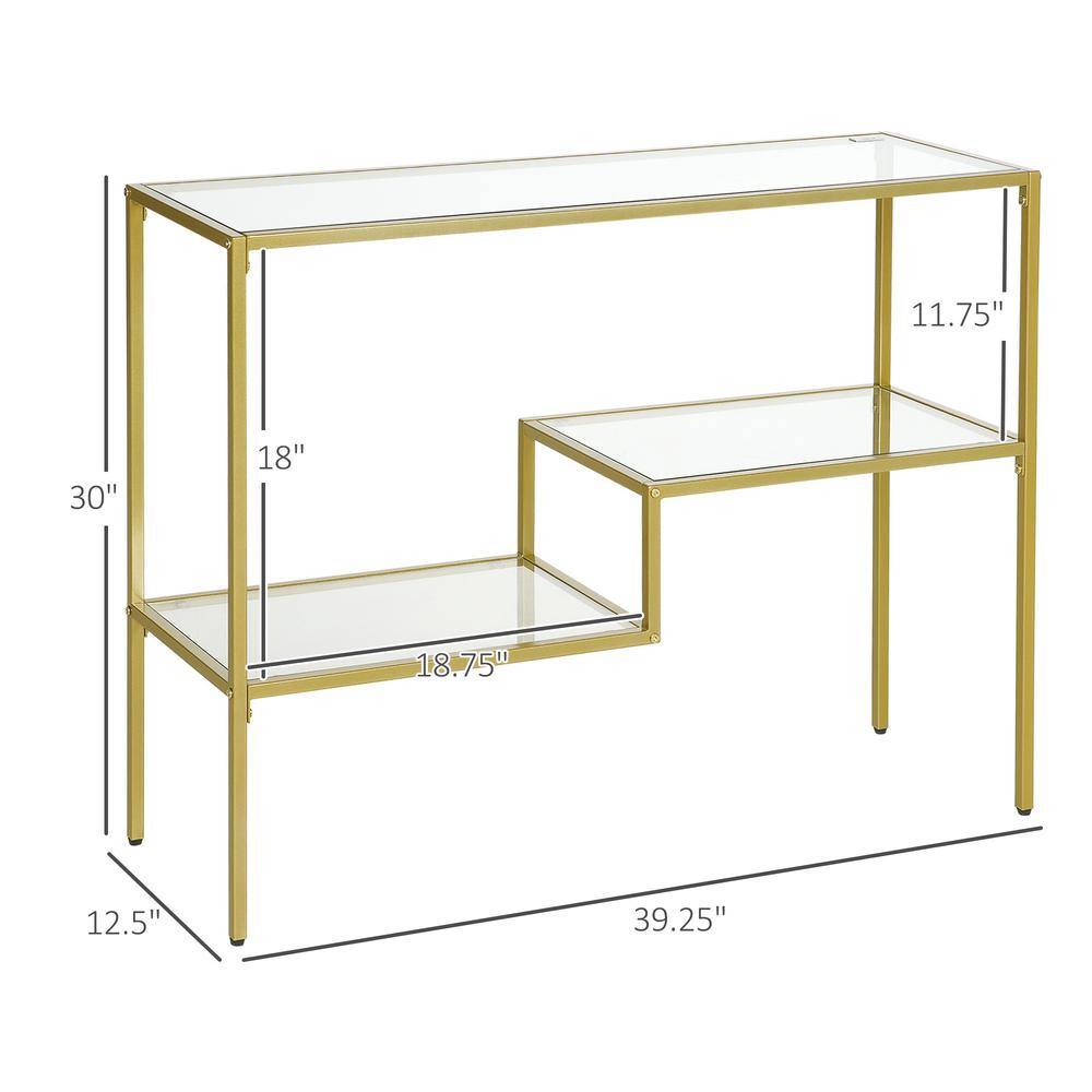 Gold Steel and Clear Glass Console Table with Storage Shelves