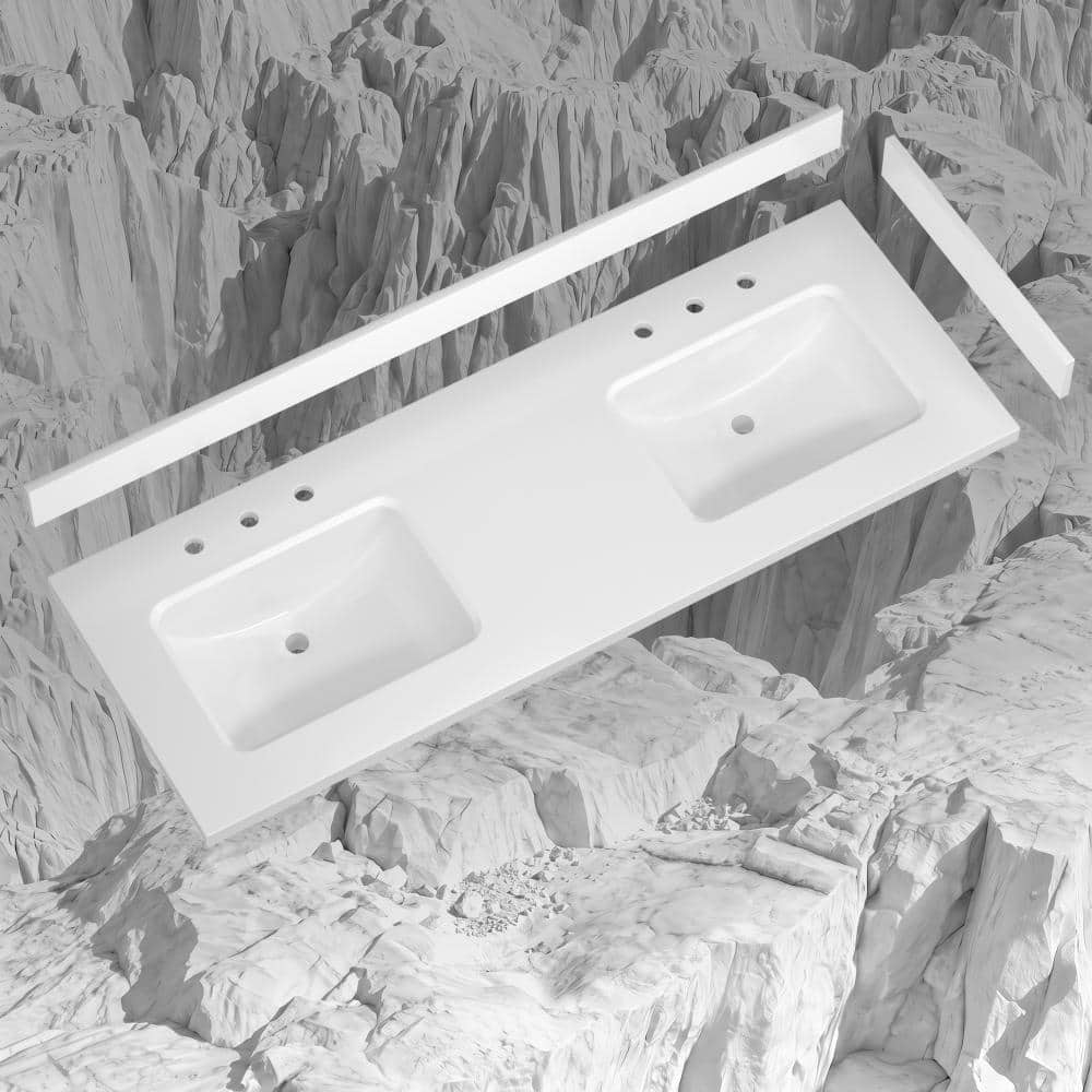 PREVIA 66 in. W x 22 in. D White Engineered Stone Double Vanity Top with 2 Ceramic Sinks, Backsplash and Sidesplash price history on PriceWatchPro