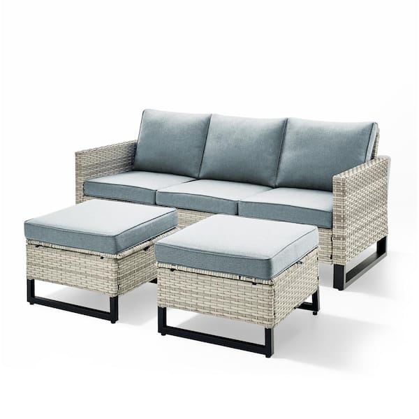 White 3-Piece U-shaped Foot Design Wicker Patio Sectional Set with BabyBlue Cushions