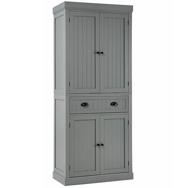 Gymax Gray Wooden 30 in. Kitchen Pantry Cabinet Cupboard Freestanding with Shelves